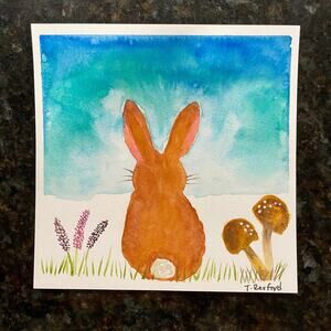 Hand painted watercolor original painting bunny 6x6”